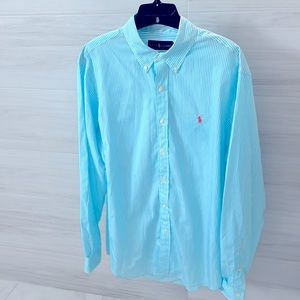Mens RALPH LAUREN Long Sleeve Button Down Blue/White Stripe Size LARGE